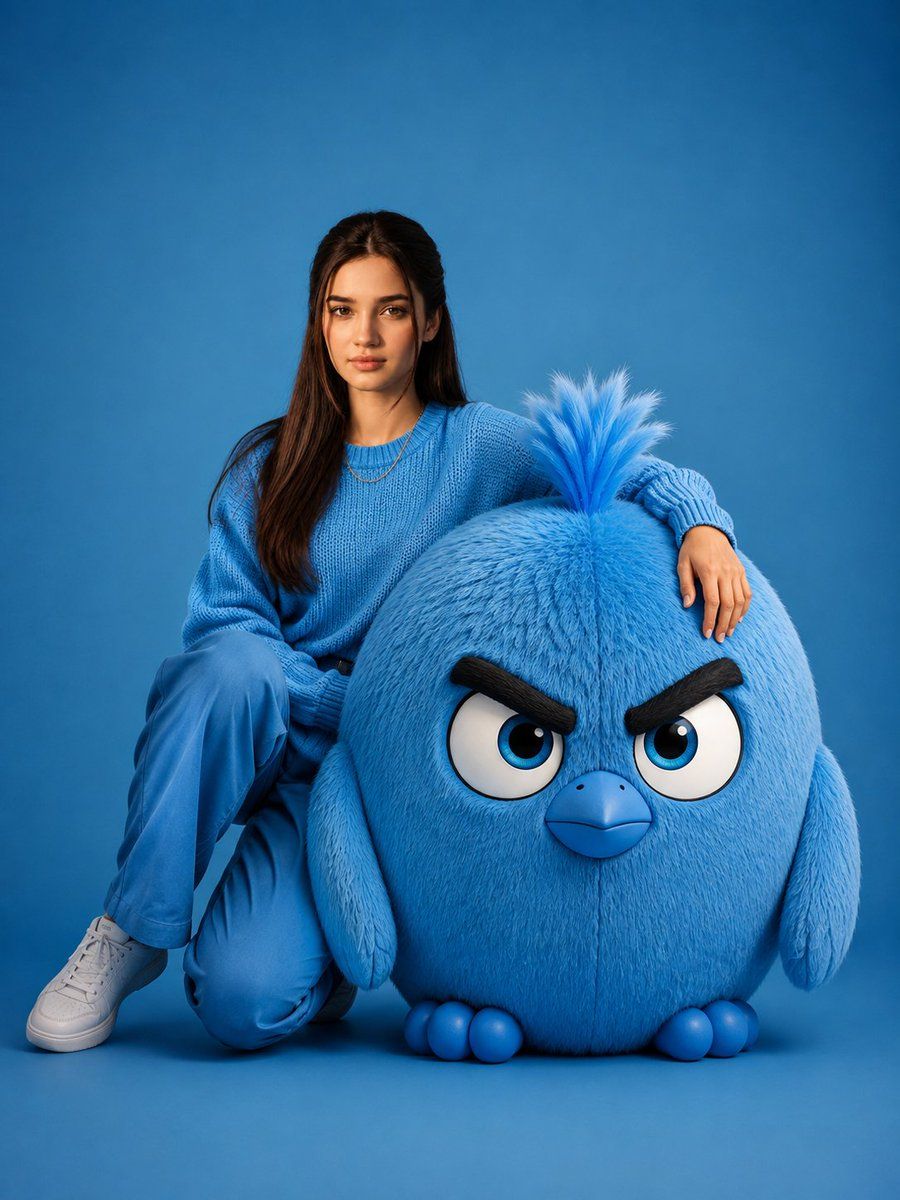 Woman With Giant Blue Angry Bird