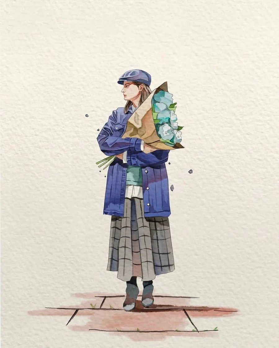 Minimalist Watercolor Illustration of a Stylish Woman
