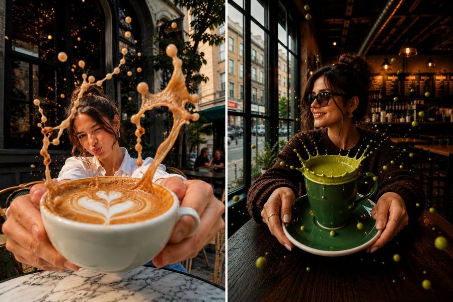 Surreal Split-Screen Coffee Café Scene