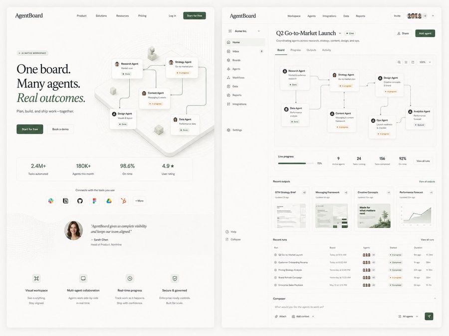 Interfaz de usuario para landing page y panel de control SaaS de AgentBoard