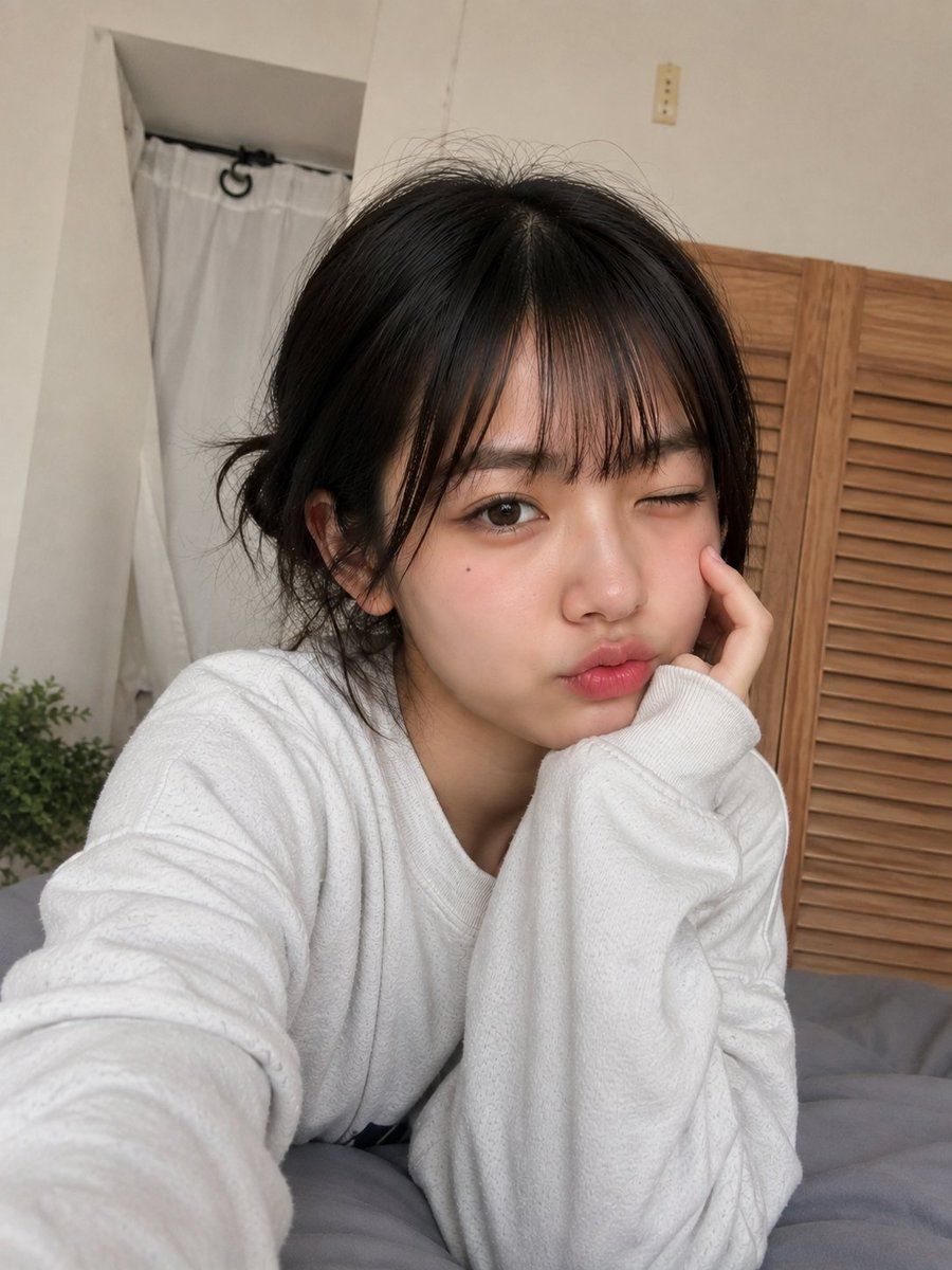 Selfie espontânea de mulher japonesa no quarto