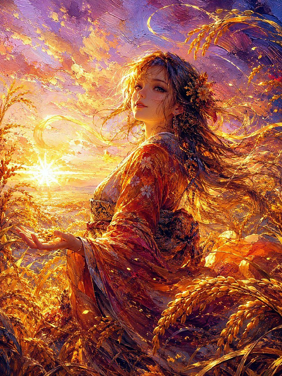 หญิงสาวผู้เก็บเกี่ยวในชุดกิโมโนกับภาพวาดสีน้ำมันสไตล์ Impasto ยามพระอาทิตย์ตก