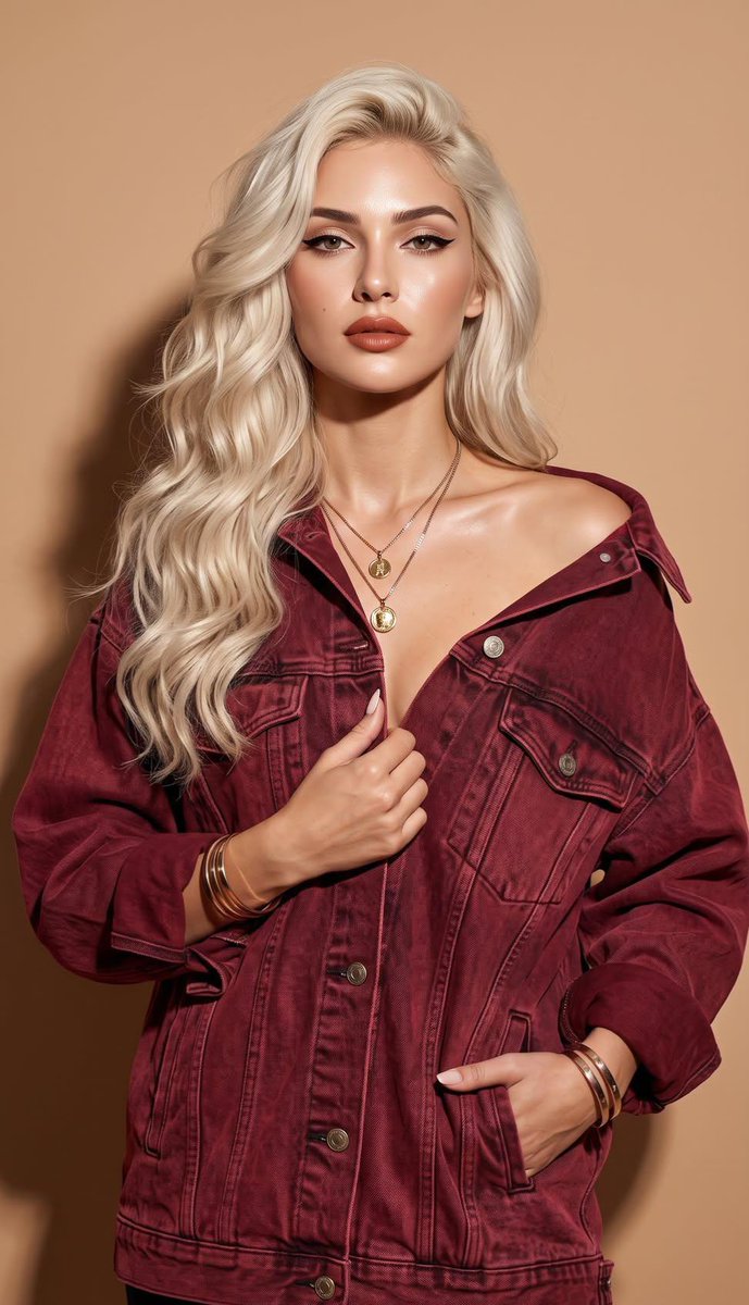 Retrato de modelo loira com jaqueta jeans