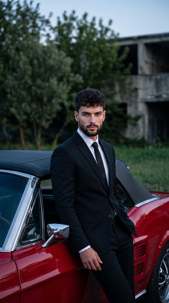 Retrato cinematográfico de hombre y coche clásico