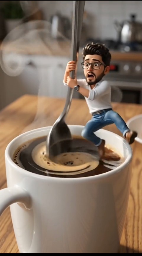 Minuscolo uomo chibi che mescola un caffè gigante