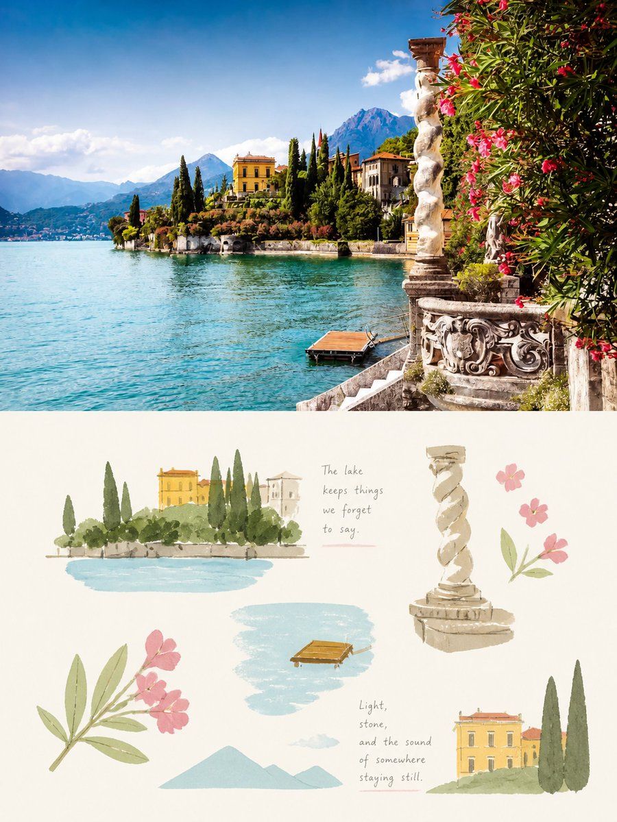 Díptico de fotografía y gouache del Lago de Como