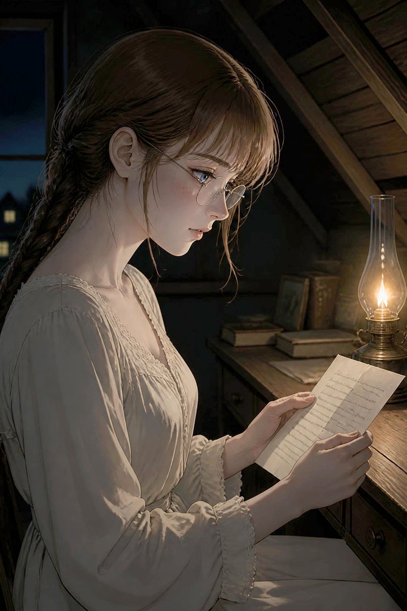 少女在油燈下讀信