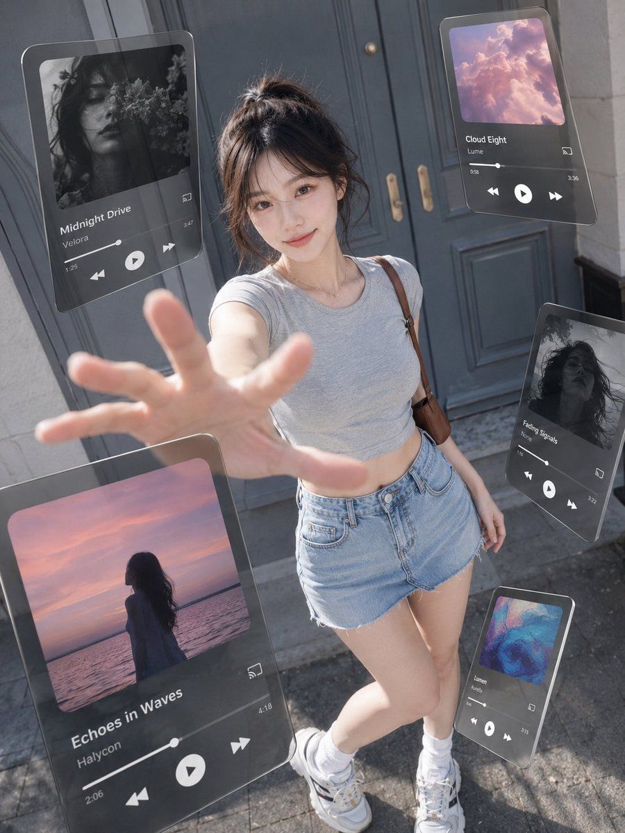 떠 있는 음악 UI 거리 인물 사진