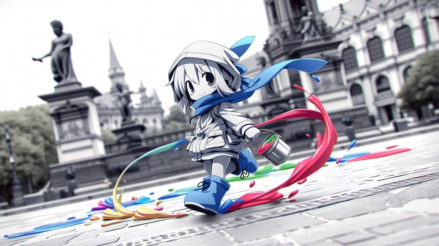 Pittore Chibi in una piazza monocromatica