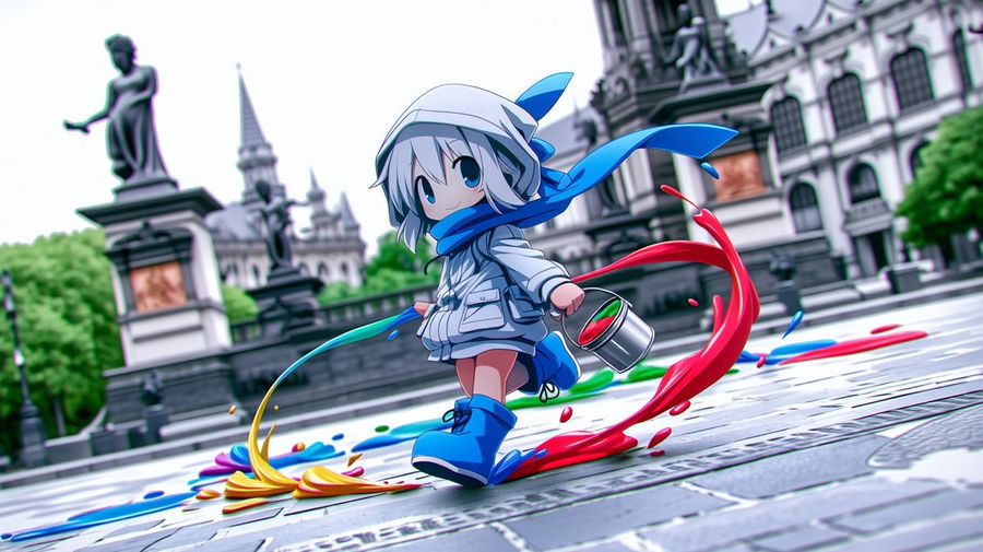 Pintor chibi en una plaza monocromática