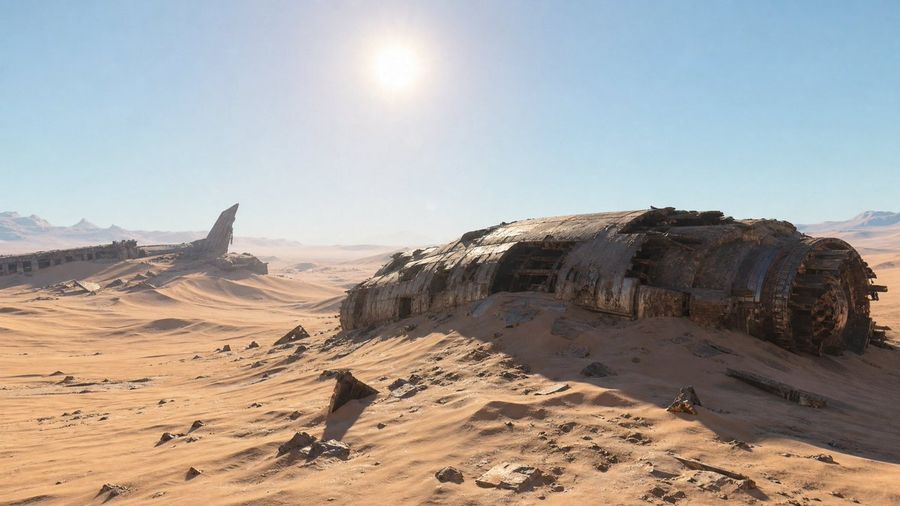 Desierto con nave espacial estrellada