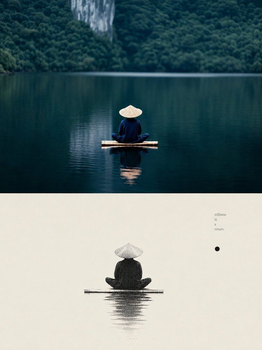 Díptico de meditación Zen en el lago