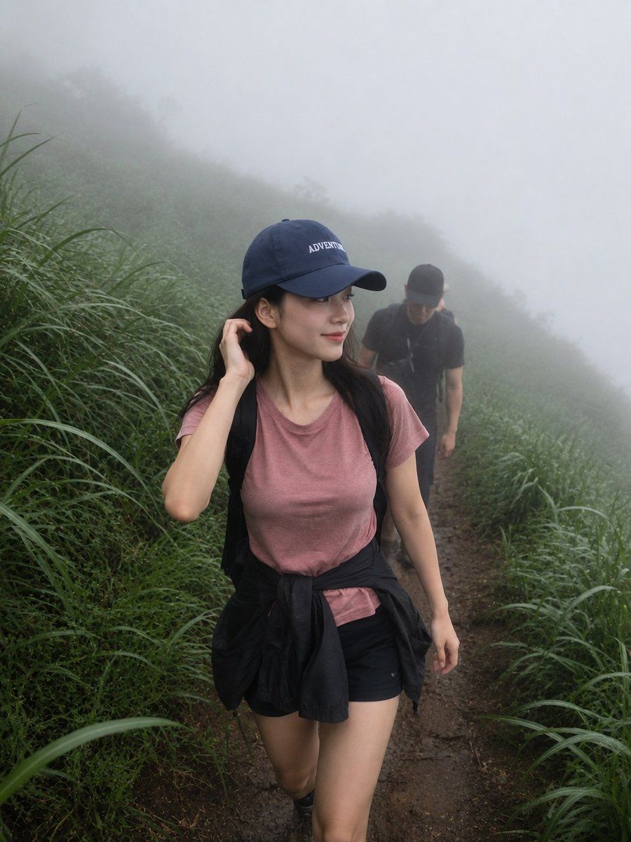 霧の山を歩くハイキングのポートレート