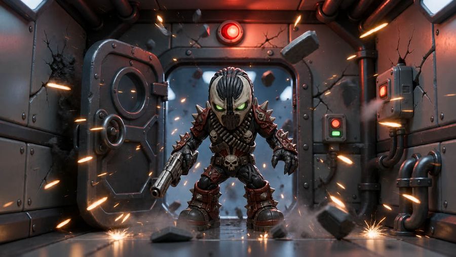 Scène d'action de Spawn SD dans un couloir de science-fiction
