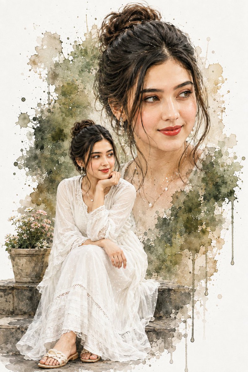 Retrato de mujer en acuarela con doble exposición
