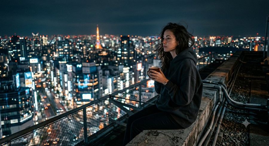Portrait cinématographique sur un toit en ville la nuit