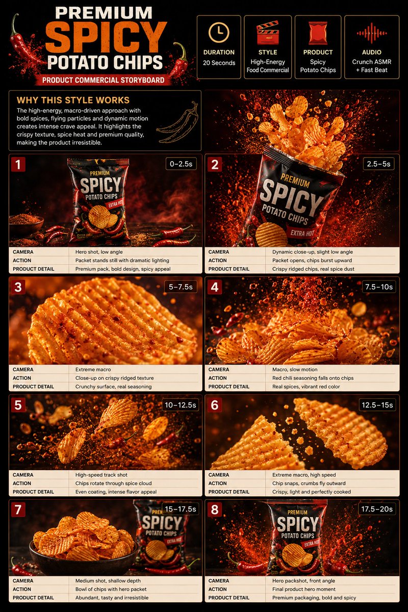 Storyboard für einen Werbespot für scharfe Kartoffelchips