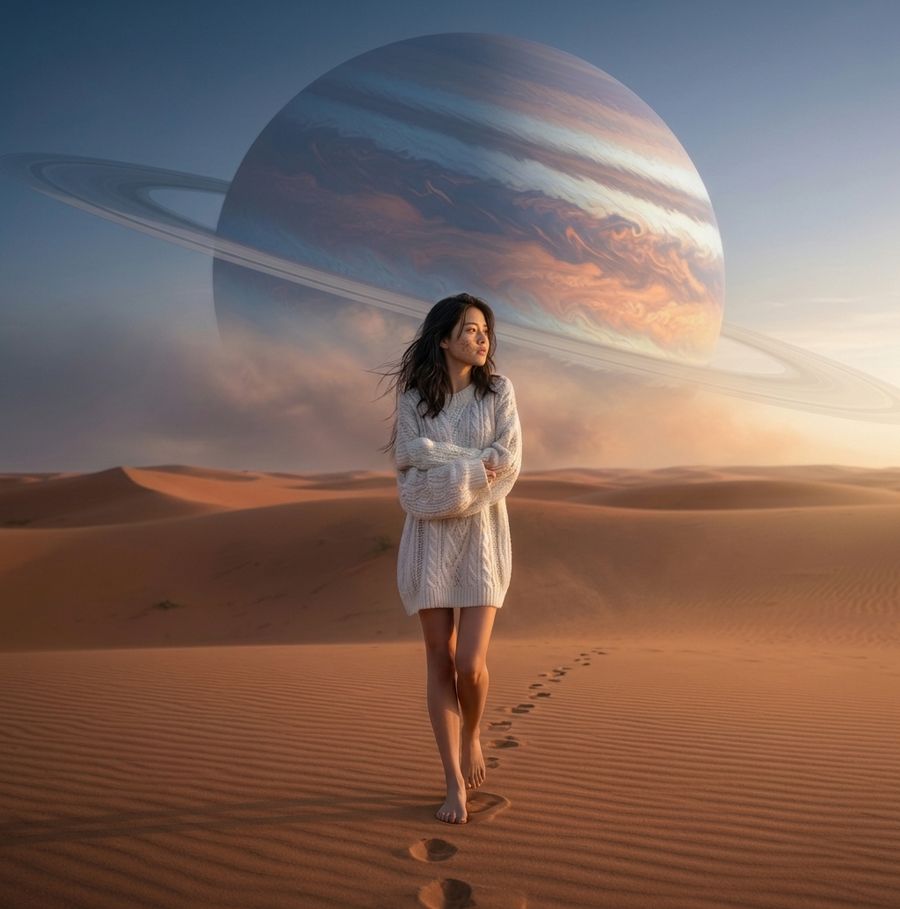 Retrato hiperrealista en el desierto con un planeta