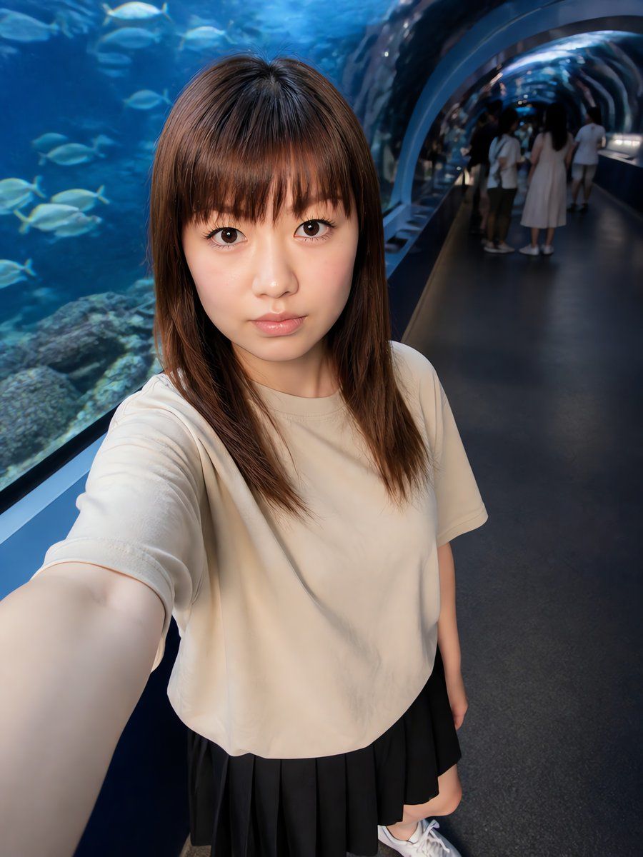 Fotografia selfie nel tunnel dell'acquario