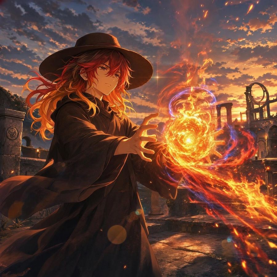 Strega anime che lancia un incantesimo di fuoco