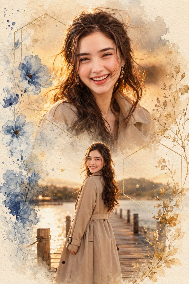 ภาพคอลลาจพอร์ตเทรตสีน้ำสไตล์ฝันหวาน