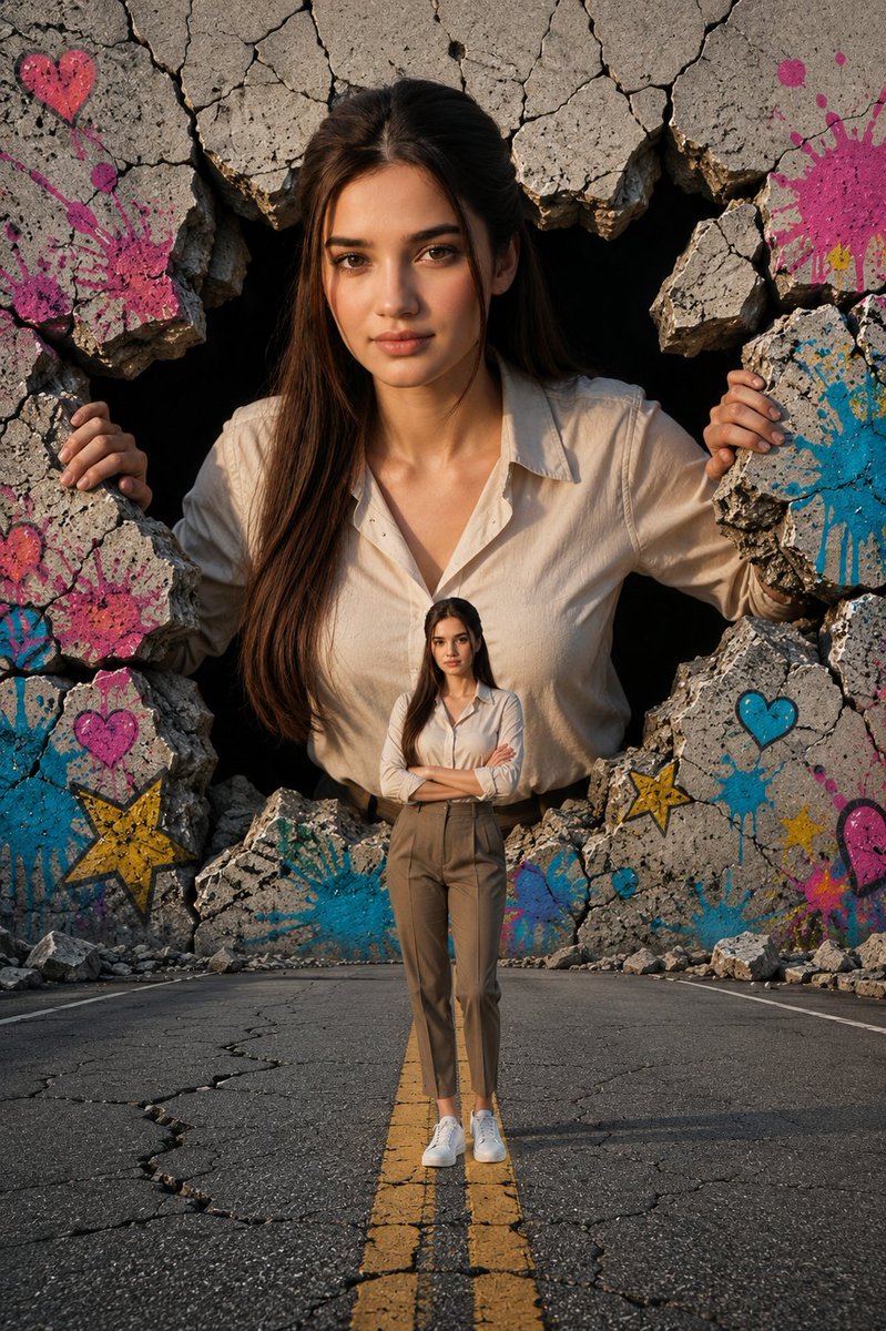 Mulher gigante atravessando uma parede