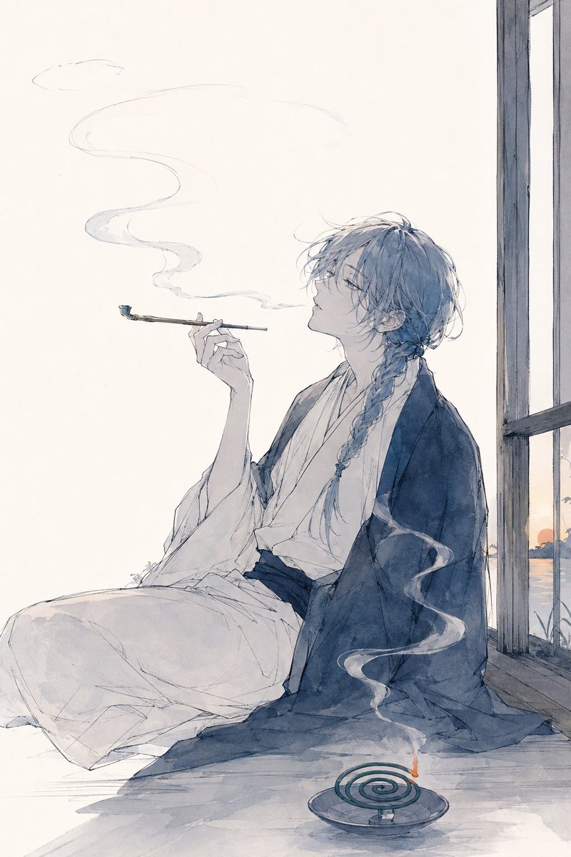 ภาพวาดสีน้ำอนิเมะตัวละครสวมกิมิโนกำลังสูบยา