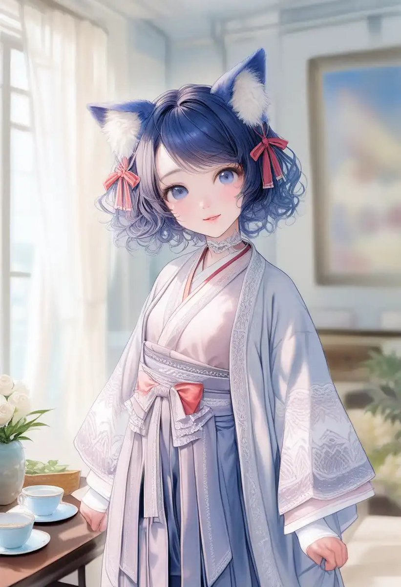 Ritratto di ragazza in kimono con orecchie da gatto