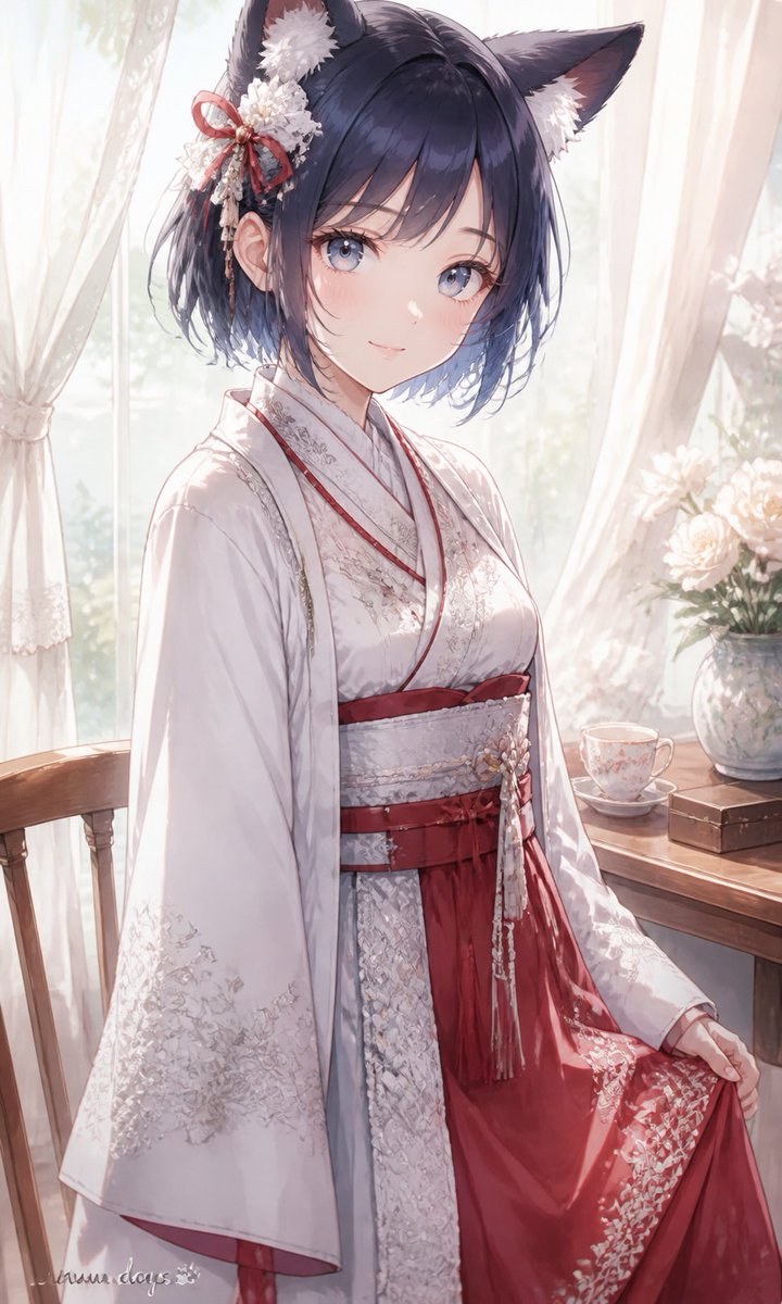 Ritratto di ragazza in kimono con orecchie da gatto