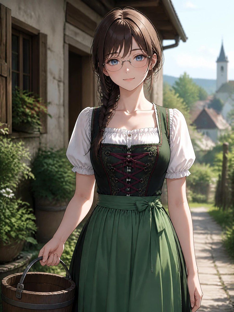 Ritratto in stile anime in un villaggio con Dirndl