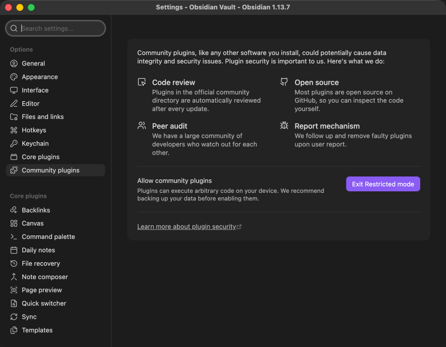 Allow community plugins in Obsidian.