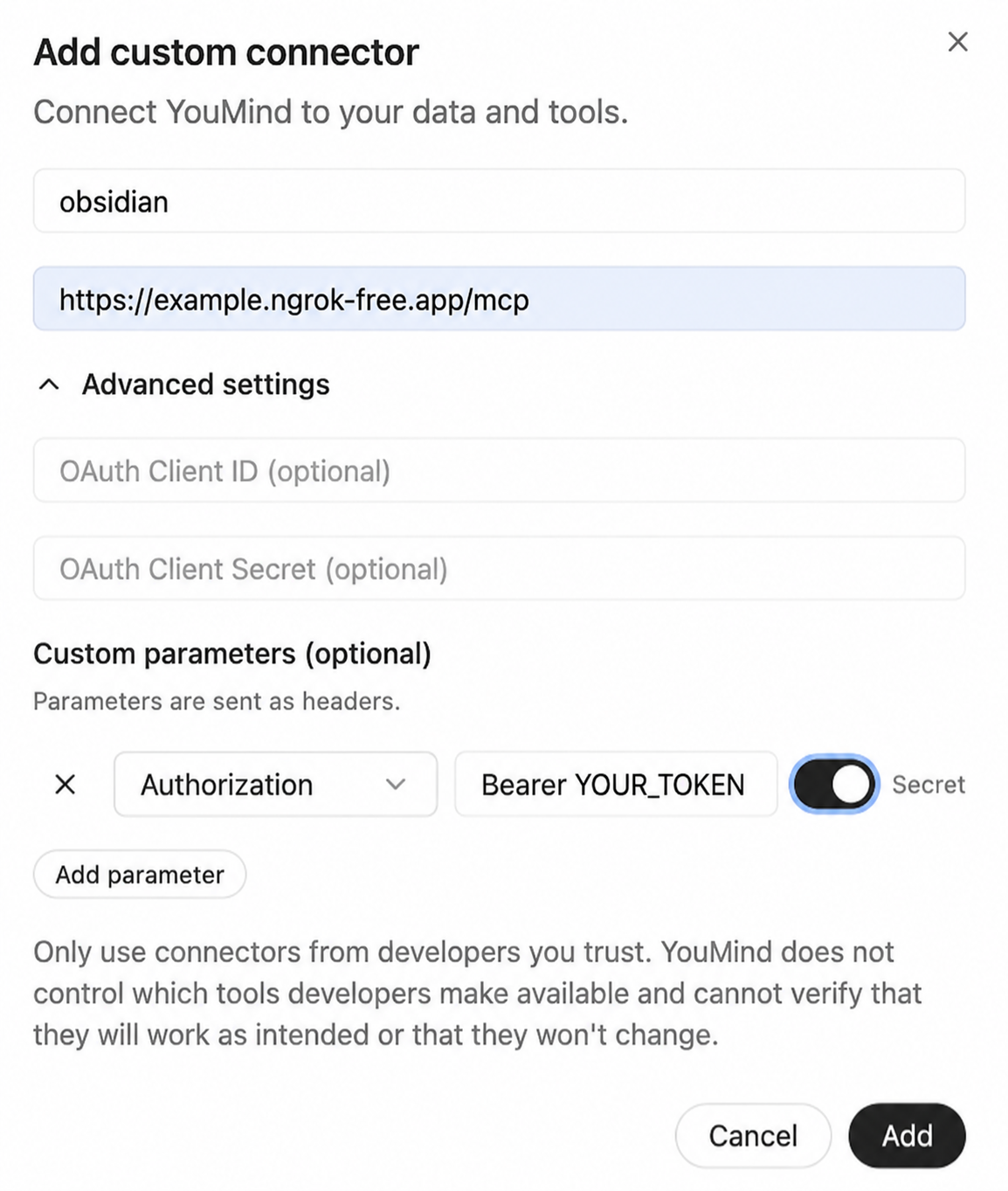 Configure the server URL and Authorization header in YouMind.