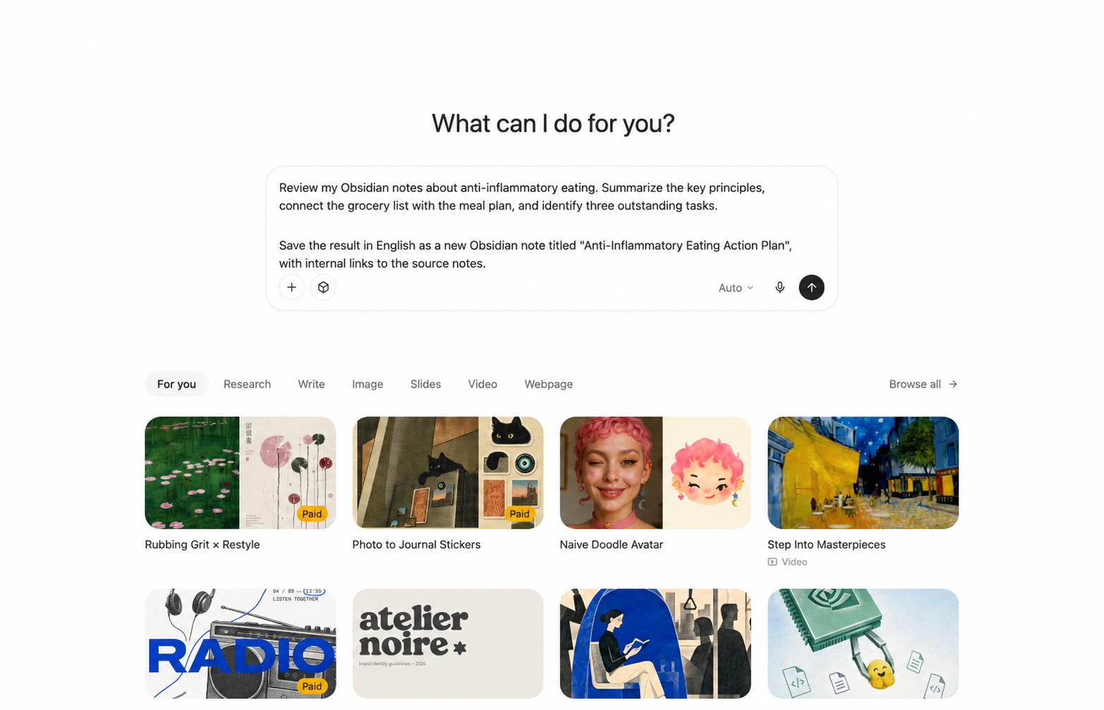 Enter a prompt asking YouMind to read the notes and save a new action plan.