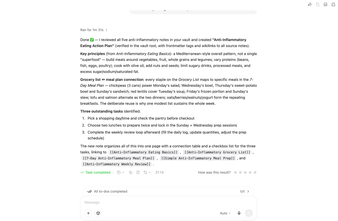 YouMind reports the completed summary and new Obsidian note.