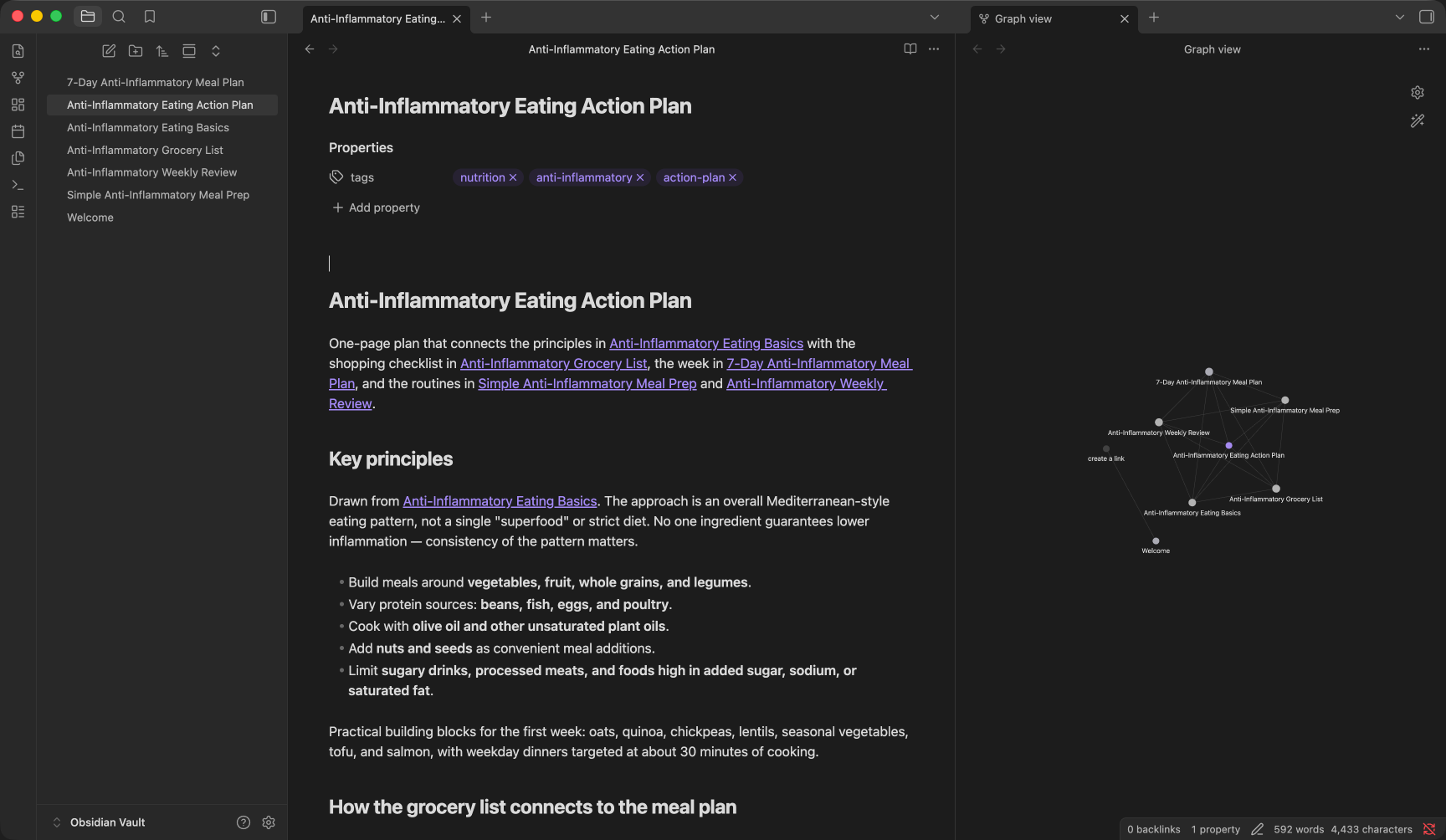 The new action plan appears in Obsidian with tags and links to its source notes.