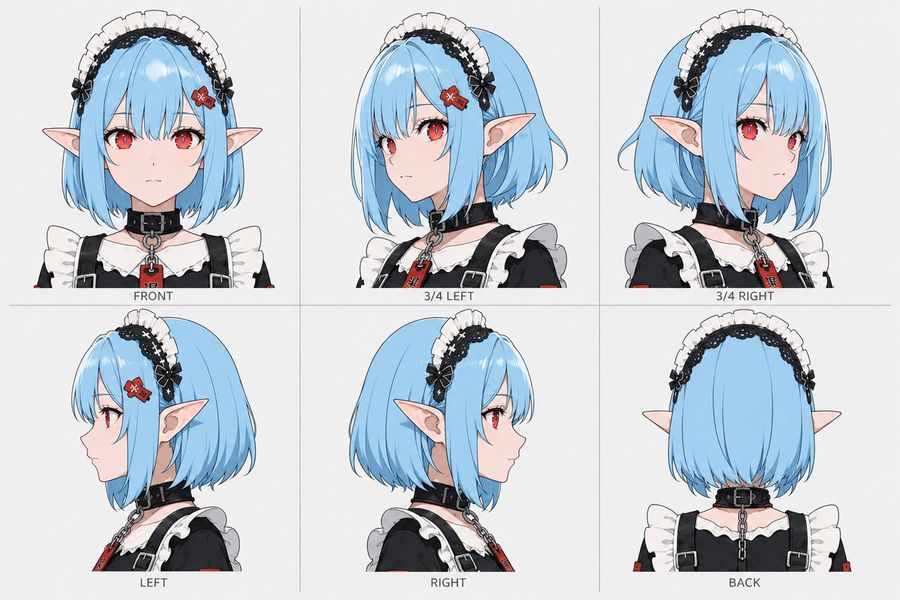 แผ่นภาพตัวละครสาวใช้เอลฟ์สไตล์อนิเมะแบบรอบทิศทาง