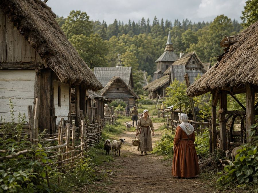 Фотореалистичная улочка средневековой деревни