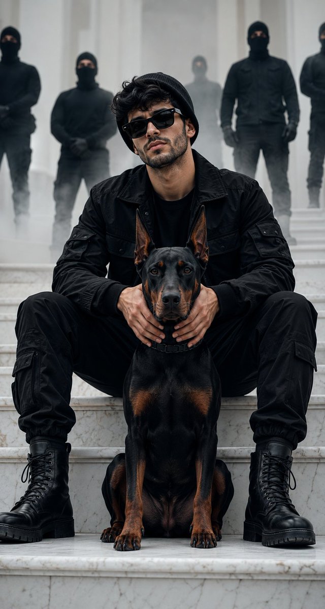 Портрет в стиле luxury streetwear с доберманом