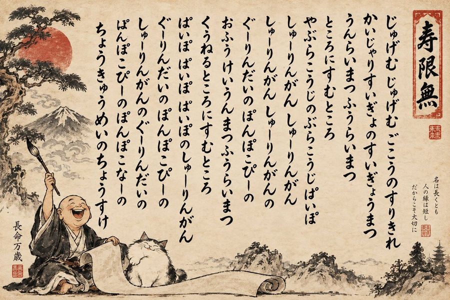 Юмористический постер в стиле суми-э с каллиграфией «Дзюгэму»