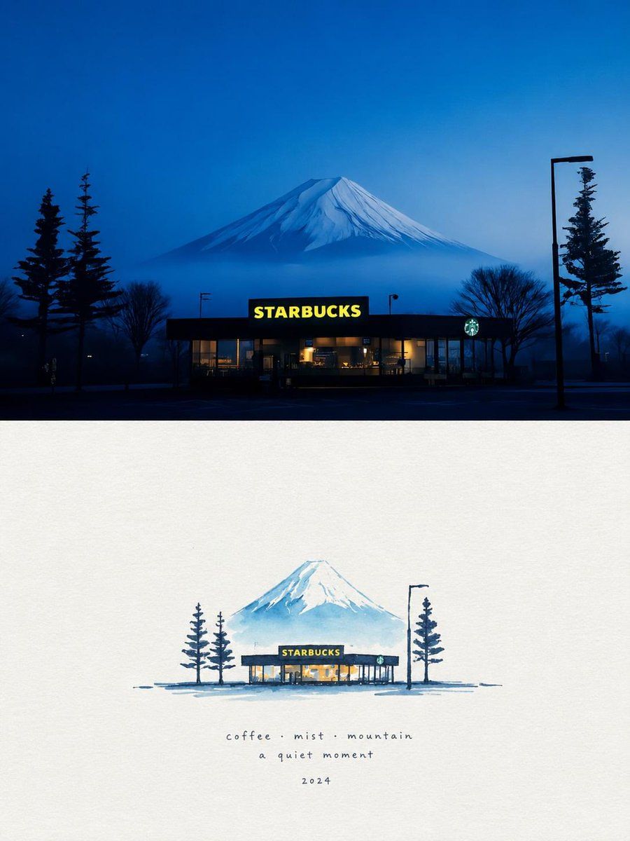 Starbucks Mountain Watercolor Comparison