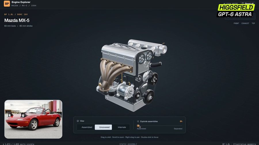 Modelo de motor 3D interativo com desmontagem