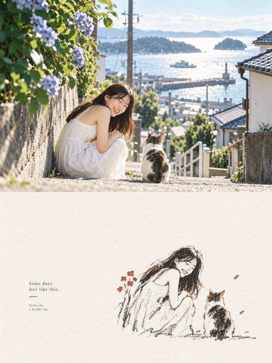 海滨照片与炭笔素描海报