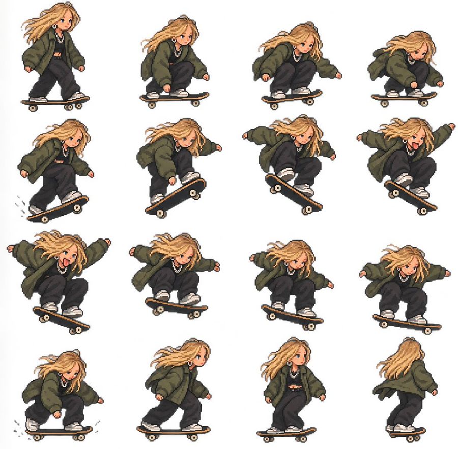 Pixel Art Kaykaycı Kız Sprite Sayfası