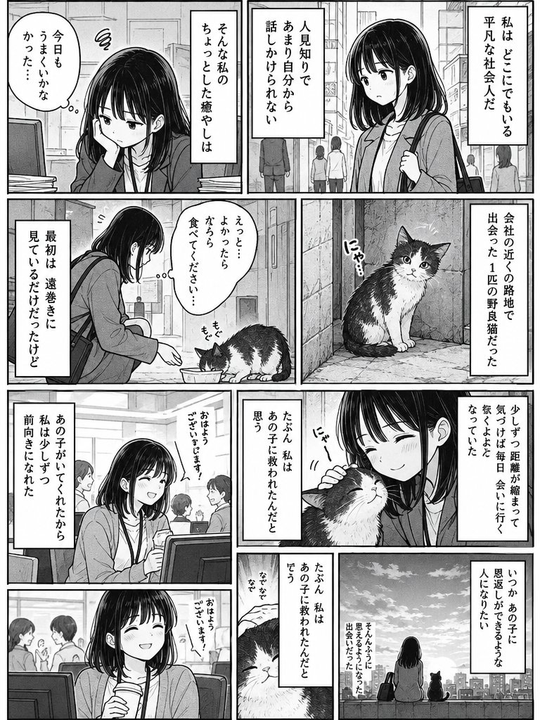 Monochrome Manga Woman and Stray Cat