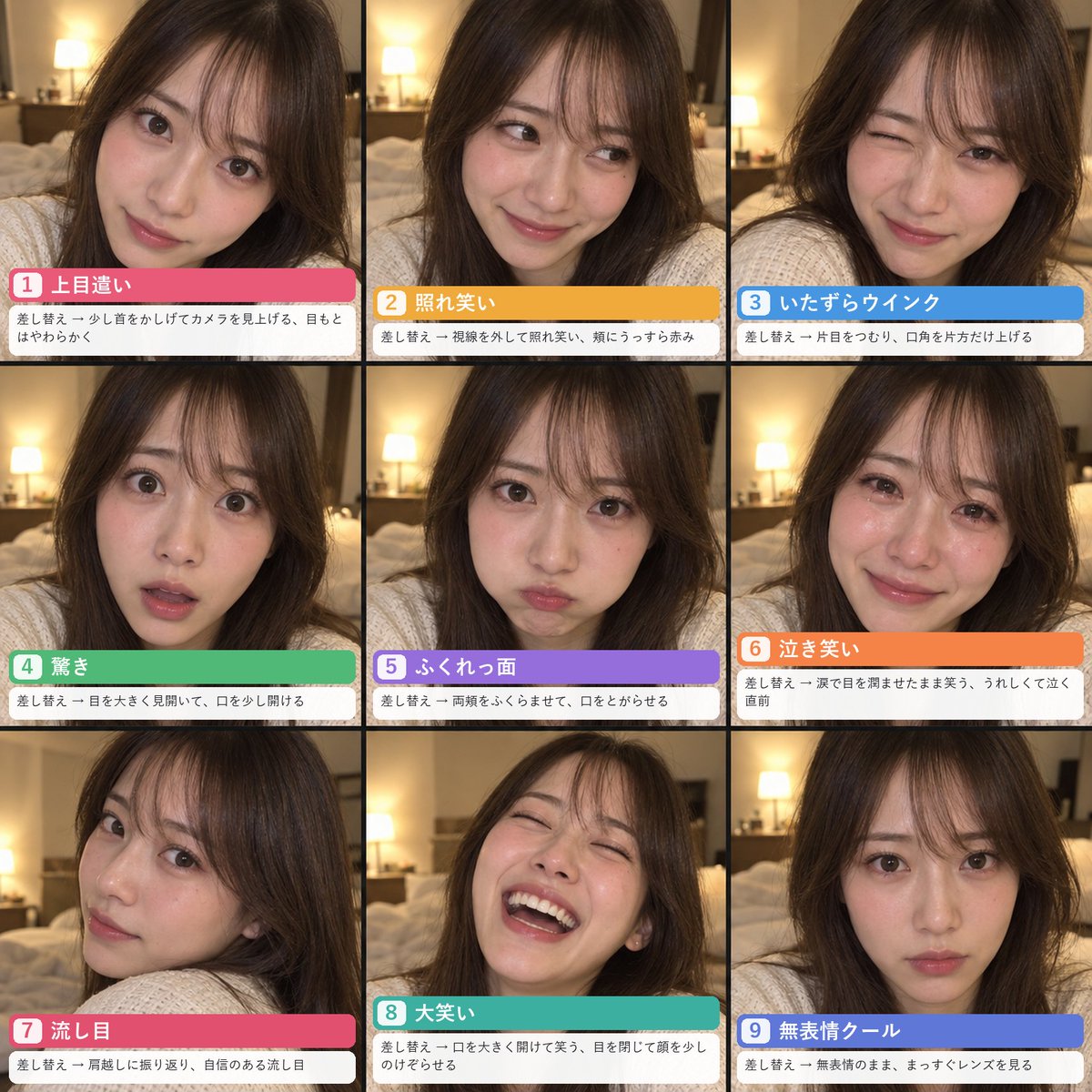 Nine Japanese Selfie Expressions Sheet