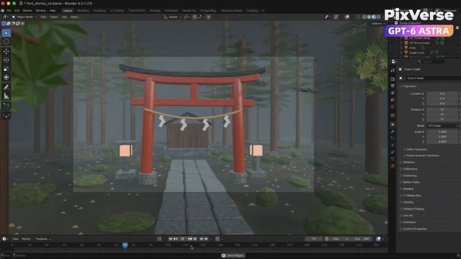 Flujo de trabajo cinematográfico 3D de un santuario Torii japonés
