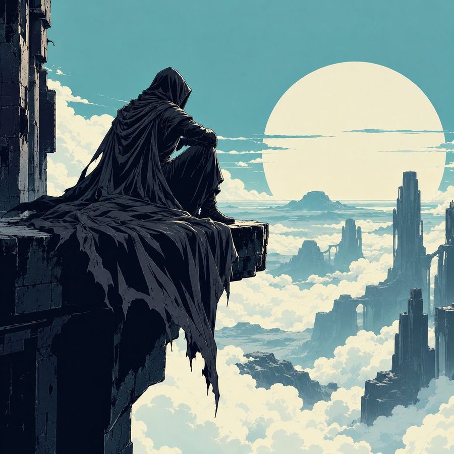 Cloaked Figure Gazing at Ringed Planet