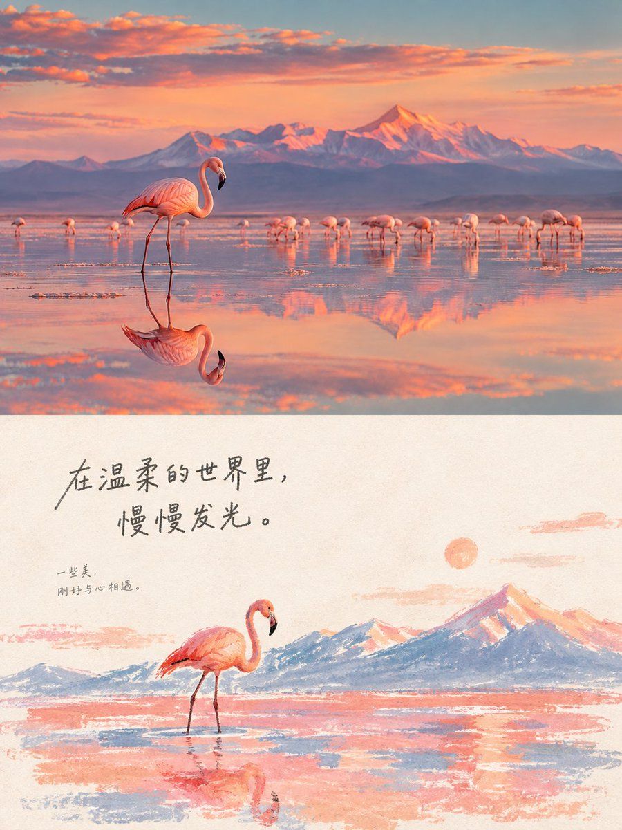 Flamingo Landscape & Hand-Drawn Illustration