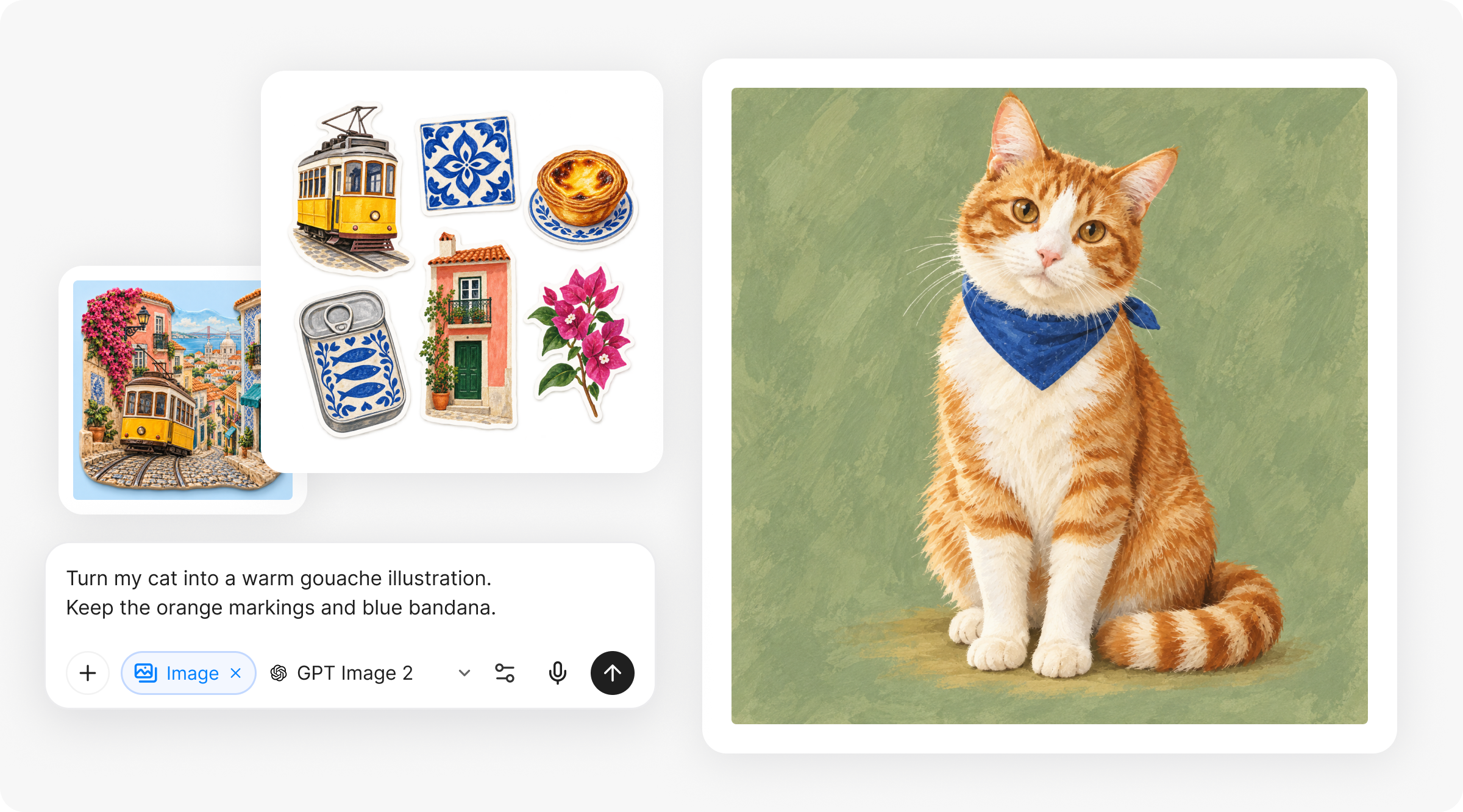 Un retrato de gato en gouache, un recuerdo de Lisboa y pegatinas para un diario junto a un prompt de imagen de YouMind.