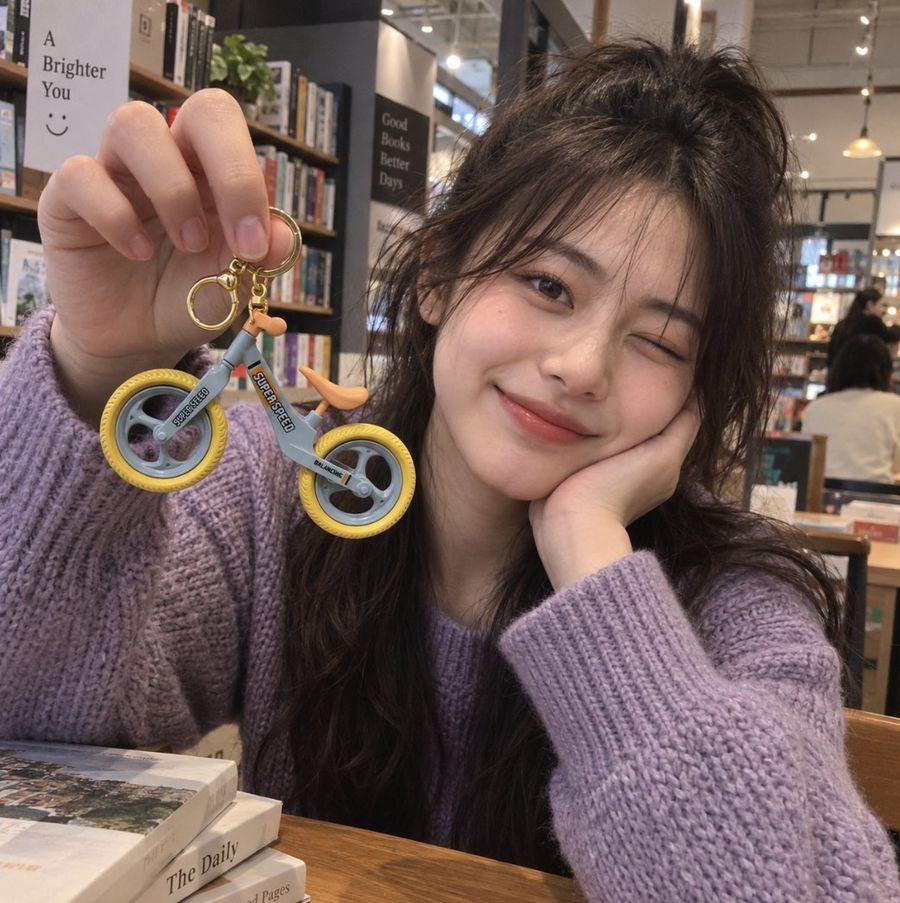 Girl Winking Holding Miniature Bike Keychain